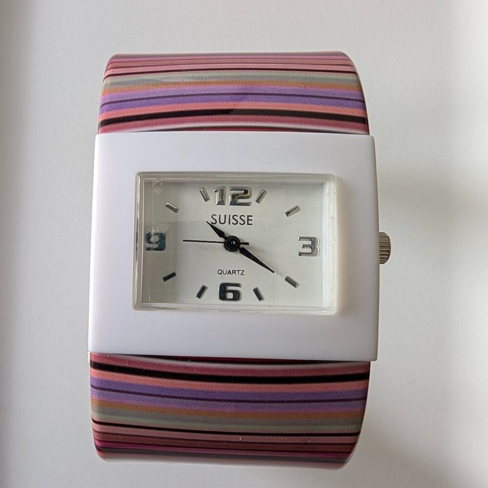 Vintage Y2K SUISSE Multi-Color Striped Bangle Watch - Retro Statement Piece